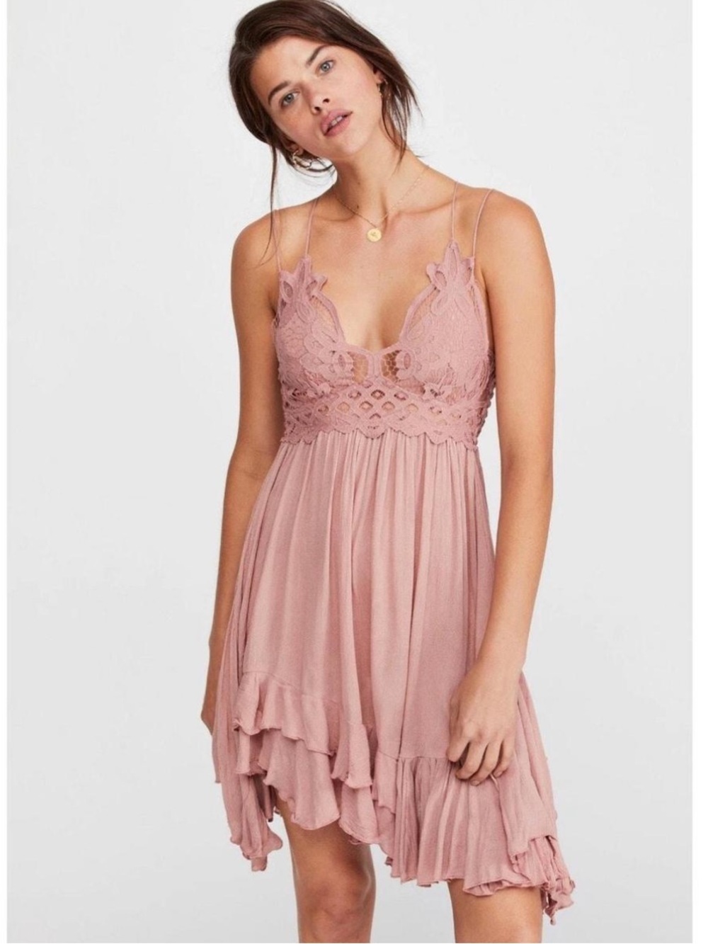 Free People One Dusty Rose Lace Slip Dress Boho Mini S Crochet Babydoll Festival